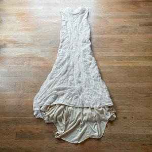 90s Maxi Strapless White and Tan Lace Gown